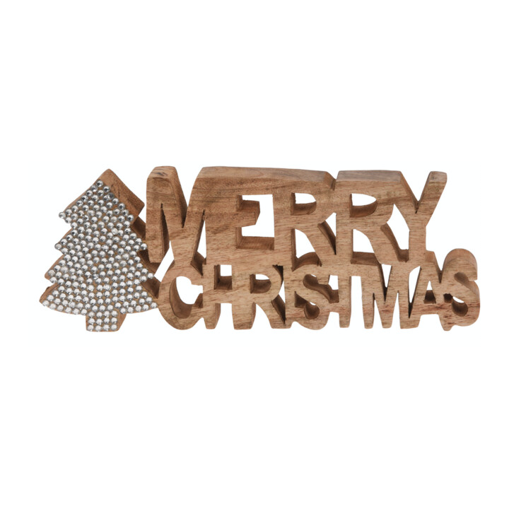 Décor en bois avec inscription "Merry Christmas" et sapin en relief.