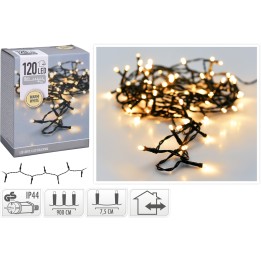 Guirlande lumineuse LED avec 120 ampoules blanches sur fil noir, idéale pour décorer.