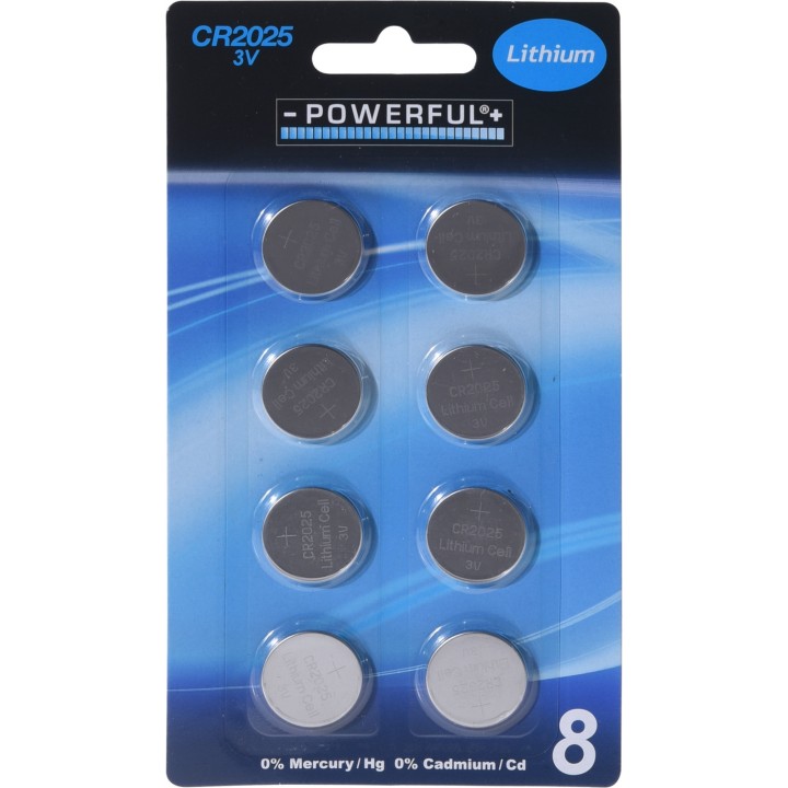 Huit piles bouton lithium sur un fond bleu, emballées en blister transparent.