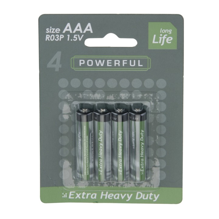 Quatre piles AAA dans un emballage gris avec des inscriptions vertes et blanches.