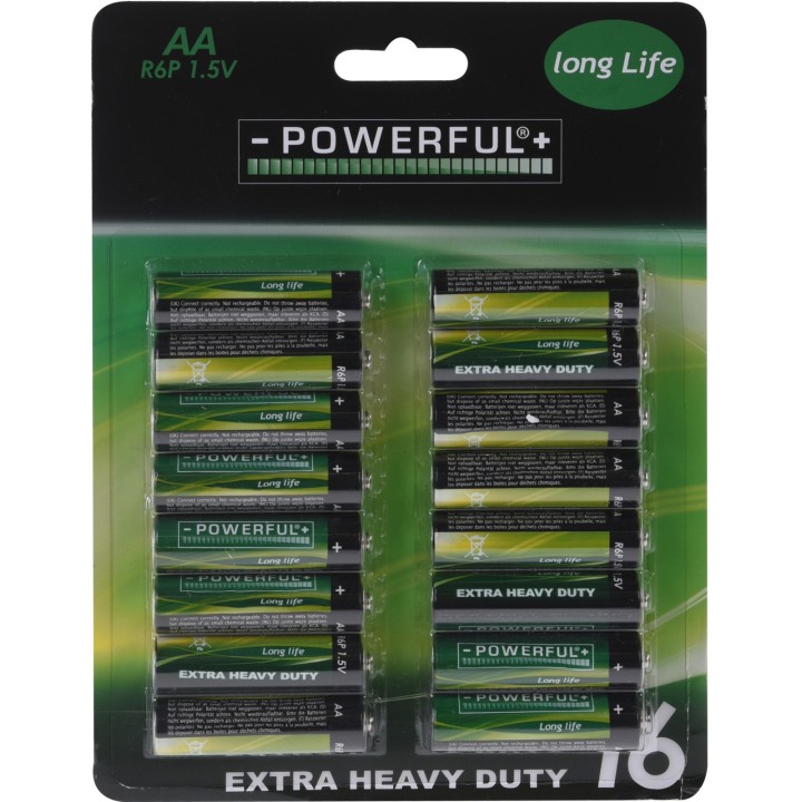 Paquet de 16 piles AA, vert et noir, avec inscription sur fond lumineux.