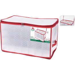 Boîte de rangement transparente avec motifs à pois, bordure rouge et poignées pratiques.