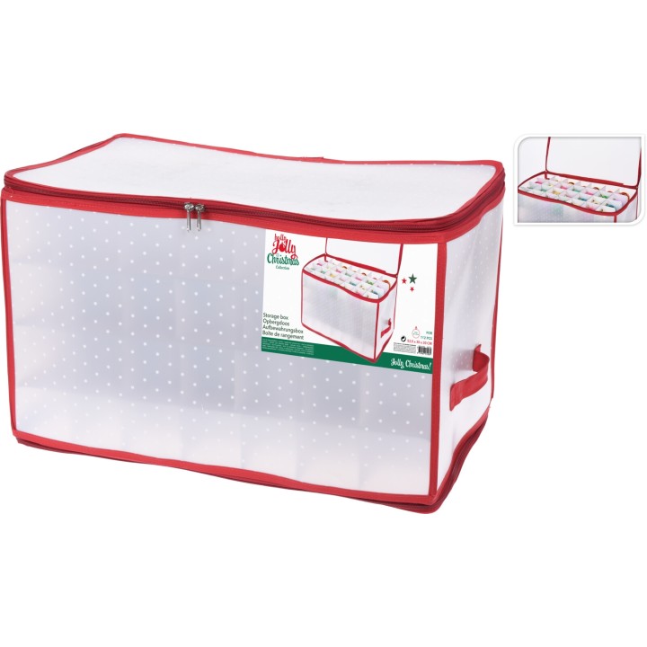 Boîte de rangement transparente avec motifs à pois, bordure rouge et poignées pratiques.