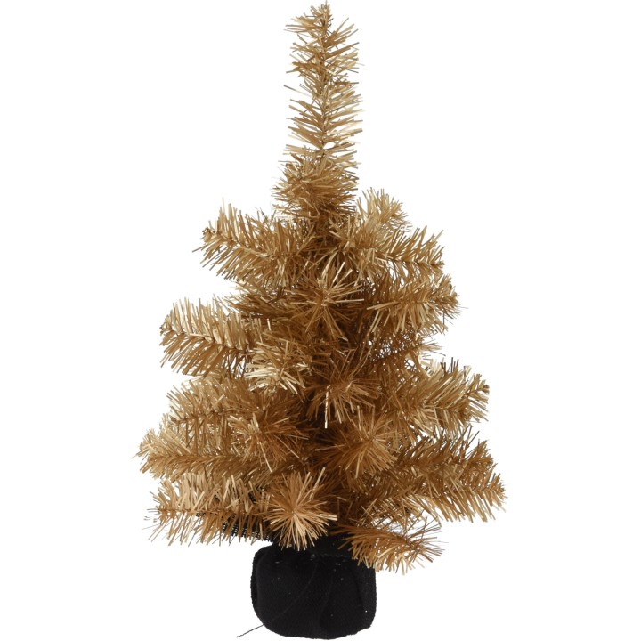 Arbre de Noël doré, branches scintillantes, pot noir, décoratif et festif.