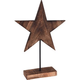 Étoile en bois brun sur socle, style rustique et épuré, avec tige métallique.