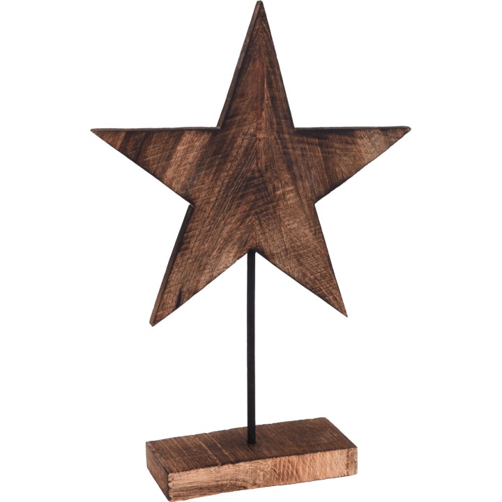 Étoile en bois brun sur socle, style rustique et épuré, avec tige métallique.