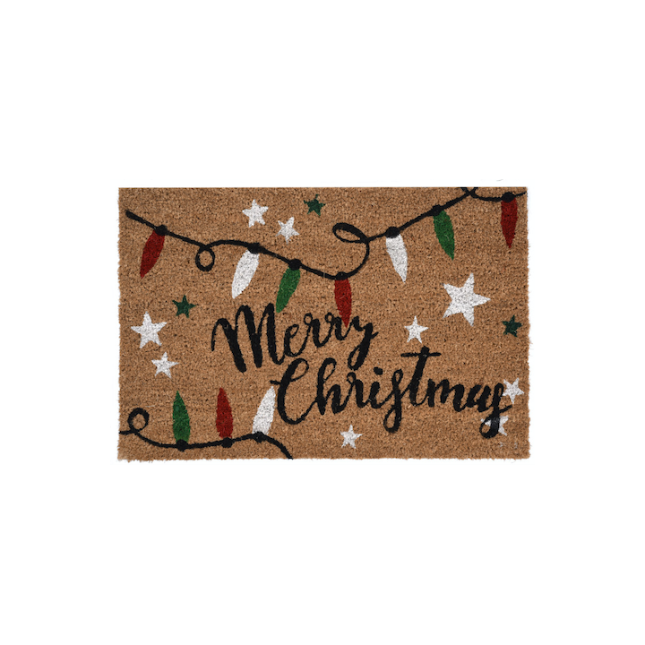 Tapis de bienvenue en jute avec motifs de Noël et inscription festive.