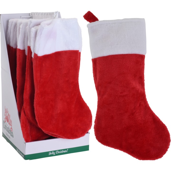 Chaussettes de Noël en velours rouge, bord blanc, présentées en boîte.
