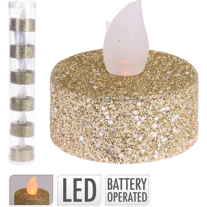 Bougie LED dorée scintillante avec flamme translucide, festive et sans flamme réelle.
