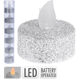 Bougie LED argentée scintillante, avec une flamme en plastique translucide.