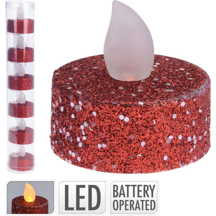 Bougie LED ronde scintillante rouge avec flamme lumineuse, emballée en plusieurs unités.