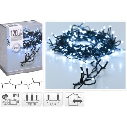 Guirlande lumineuse blanche LED sur fond noir, 120 ampoules, style festif et décoratif.