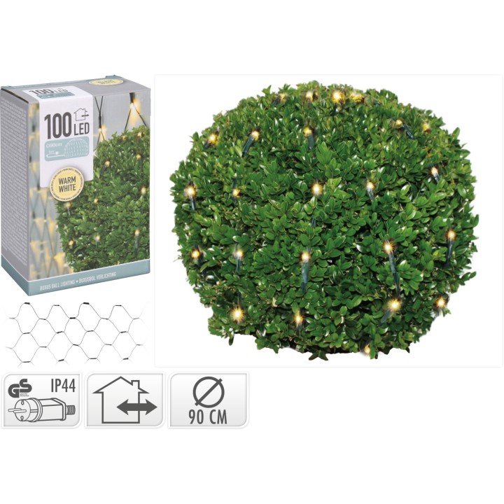 Boule de feuillage vert agrémentée de 100 LED blanches chaudes, décorative et lumineuse.