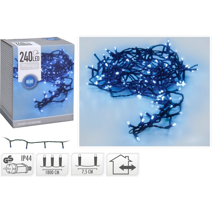 Guirlande lumineuse bleue à LED, 240 lumières sur fil sombre, idéale pour décoration.