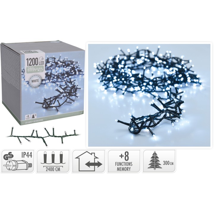 Guirlande lumineuse LED blanche, 1200 lumières sur fil noir, plusieurs fonctions décoratives.