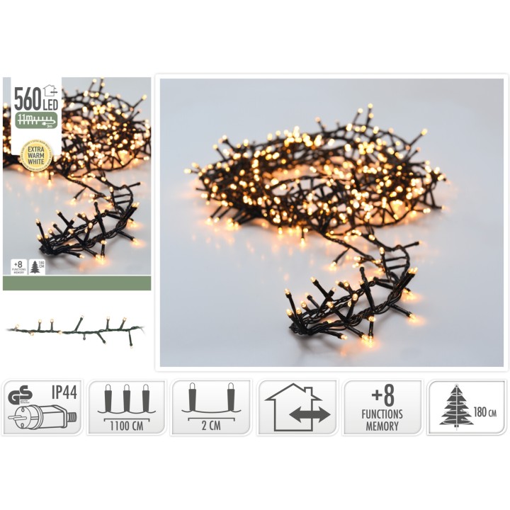 Guirlande lumineuse noire avec 560 LED blanches, 1100 cm, plusieurs fonctions d’éclairage.