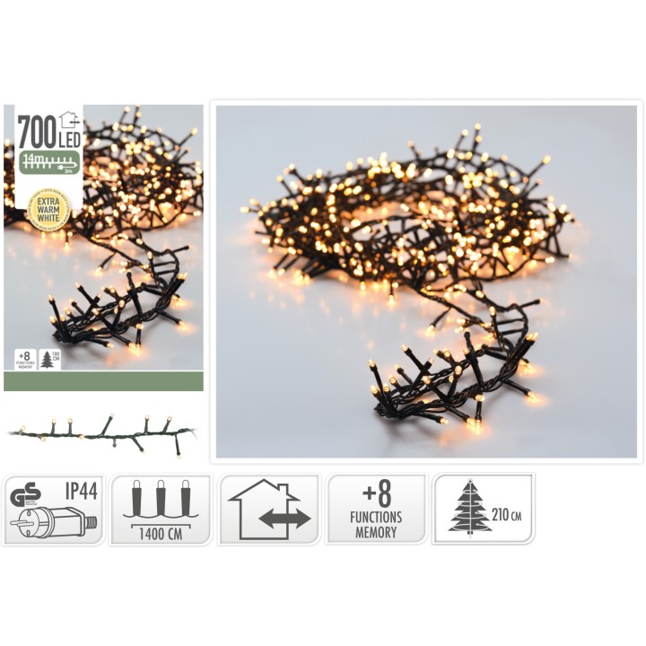 Guirlande lumineuse à LED blanche, fil noir, 700 lumières, 8 fonctions d'éclairage.