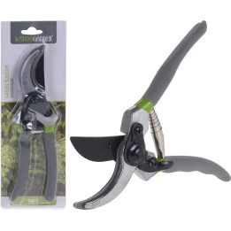 Sécateur en métal avec poignées ergonomiques noires et vertes, sur fond d'emballage.