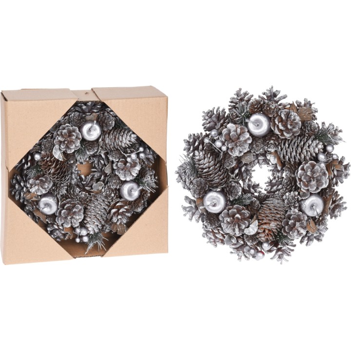 Couronne festive en bois et pommes de pin, ornée de détails argentés, présentée dans une bo?...