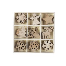 Neuf décorations en bois, diverses formes de Noël dans un élégant compartiment.