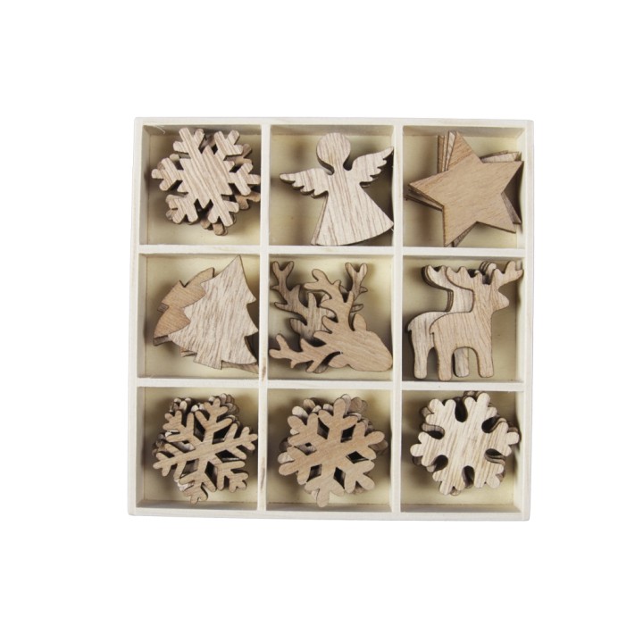 Neuf décorations en bois, diverses formes de Noël dans un élégant compartiment.