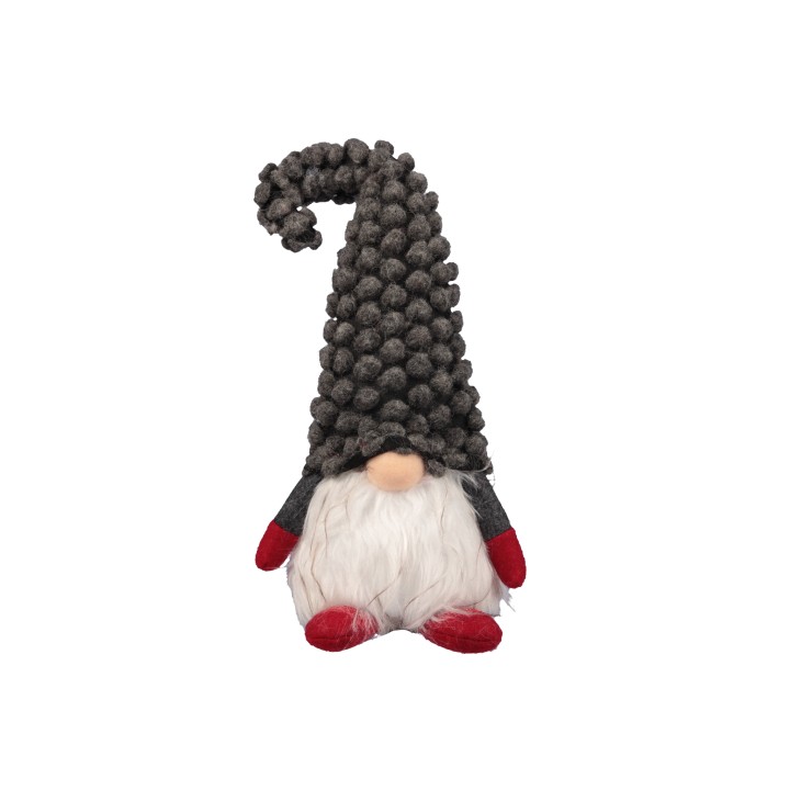 Petit gnome avec un grand chapeau en peluche grise et barbe blanche, assis sur des pieds rouges.