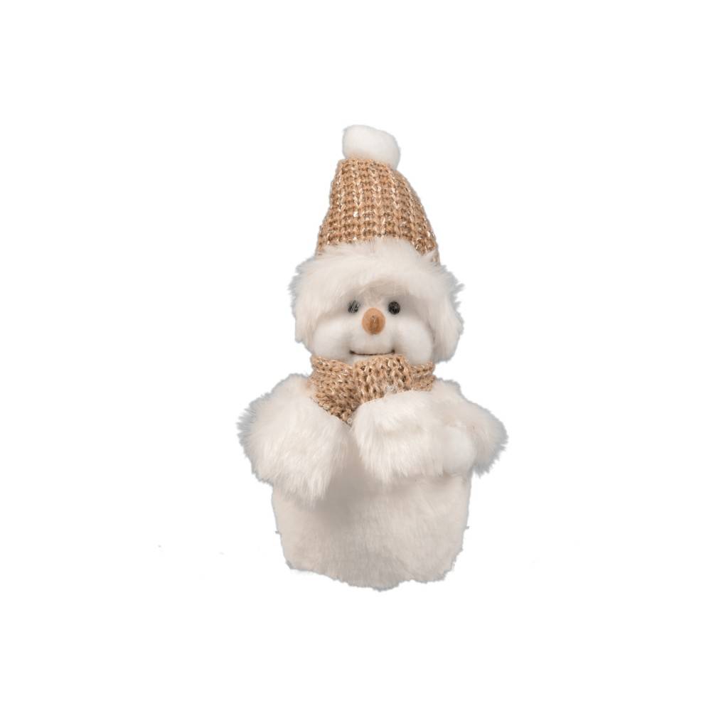 Bonhomme de neige en peluche, blanc, avec un bonnet et une écharpe en jute.