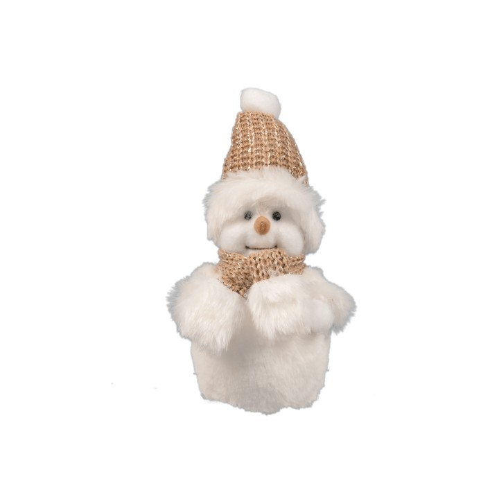 Bonhomme de neige en peluche, blanc, avec un bonnet et une écharpe en jute.