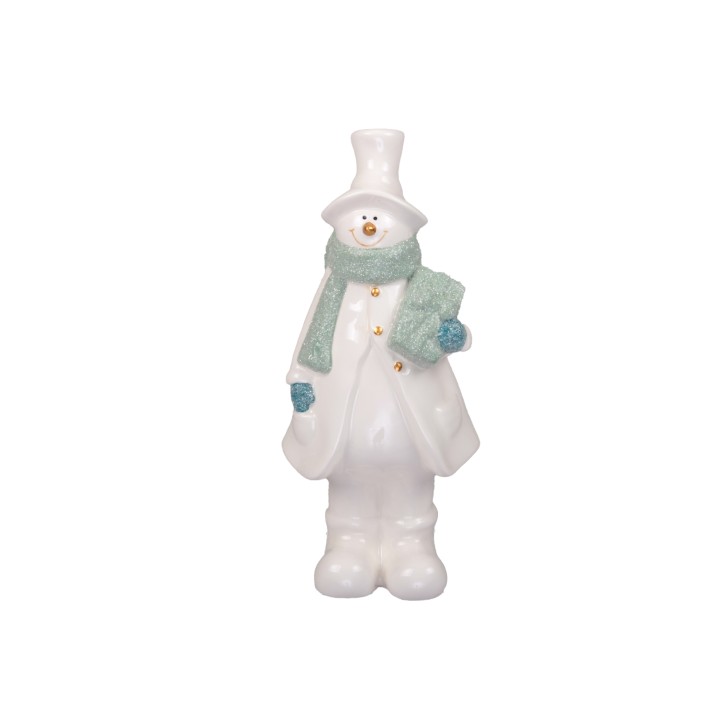 Bonhomme de neige en céramique blanc, écharpe turquoise, chapeau, sourire chaleureux.