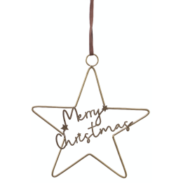 Étoile en métal doré avec inscription "Merry Christmas" et ruban suspendu.