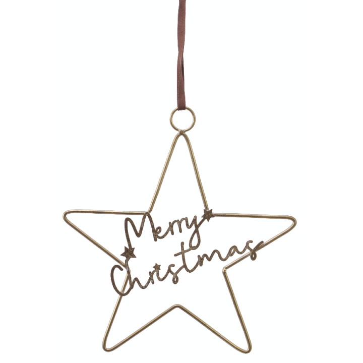 Étoile en métal doré avec inscription "Merry Christmas" et ruban suspendu.