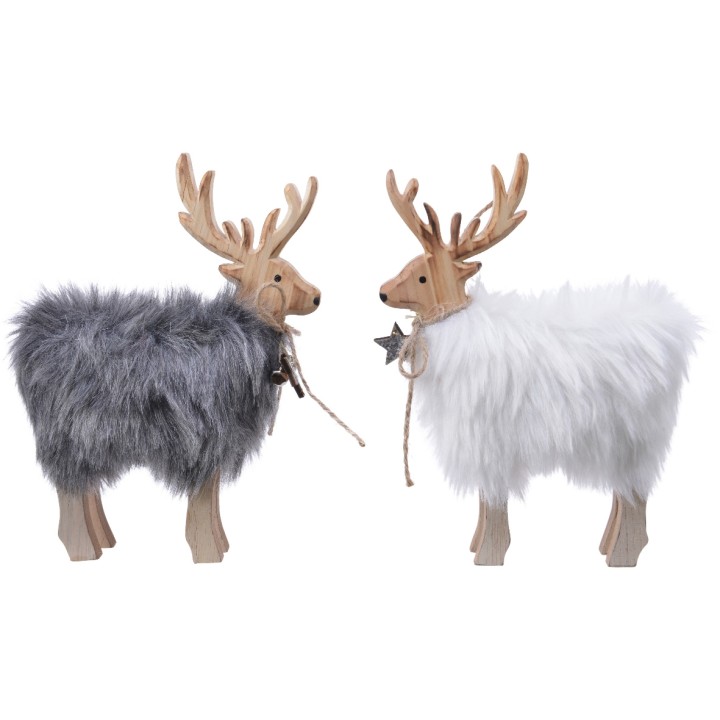 Deux rennes en bois, l'un gris et l'autre blanc, ornés de fourrure douce et de bois sculpté.