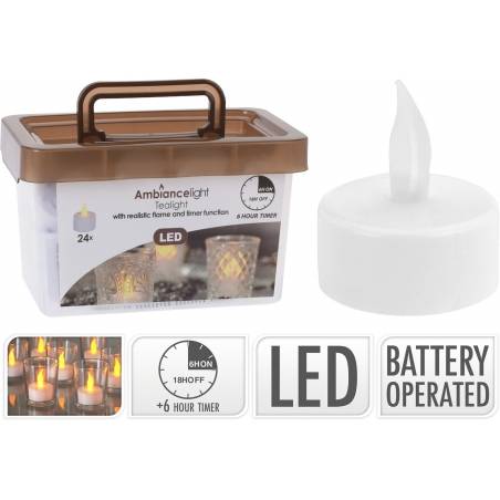 Boîte transparente contenant des bougies LED blanches, avec un couvercle marron. Boîte transparente contenant des bougies LED blanches, avec un couvercle marron.