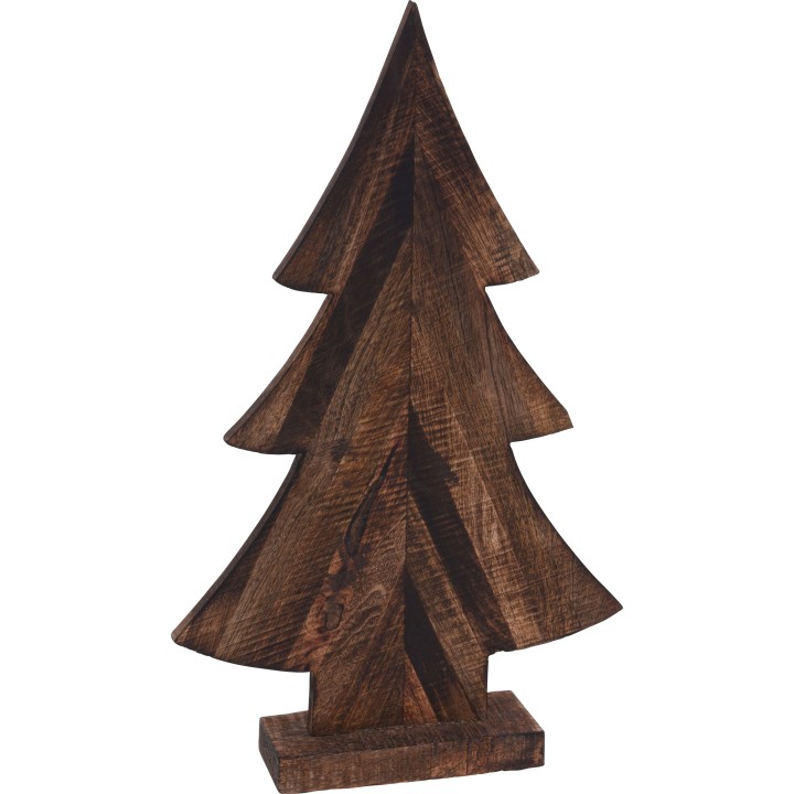 Sculpture en bois représentant un sapin, aux teintes brunes et formes anguleuses.