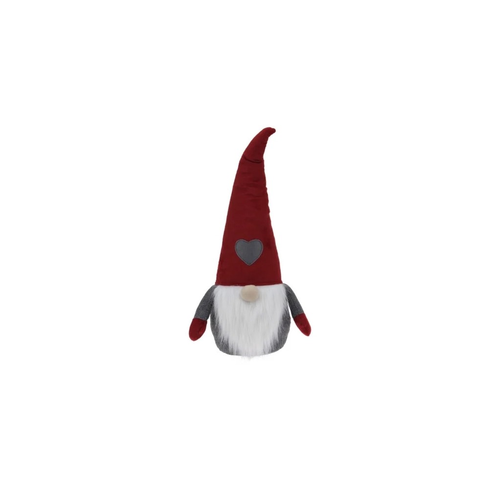 Gnome en tissu, chapeau rouge pointu, barbe blanche, cœur gris sur le ventre.
