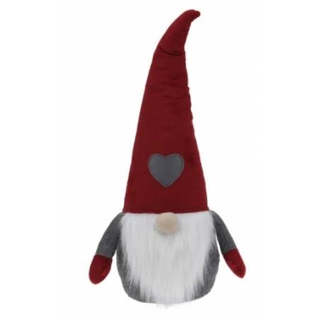 Gnome en tissu, chapeau rouge pointu, barbe blanche, cœur gris sur le ventre.