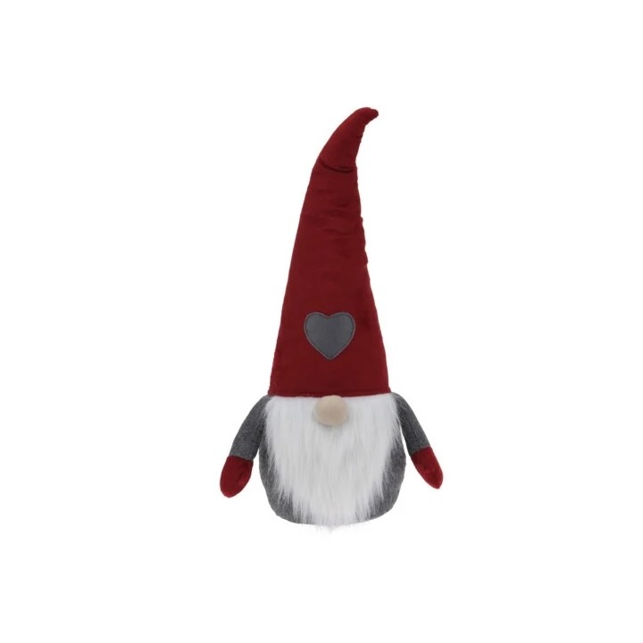 Gnome en tissu, chapeau rouge pointu, barbe blanche, cœur gris sur le ventre.
