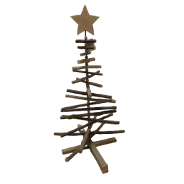 Arbre de Noël en bois rustique, branches inclinées, étoile dorée au sommet.