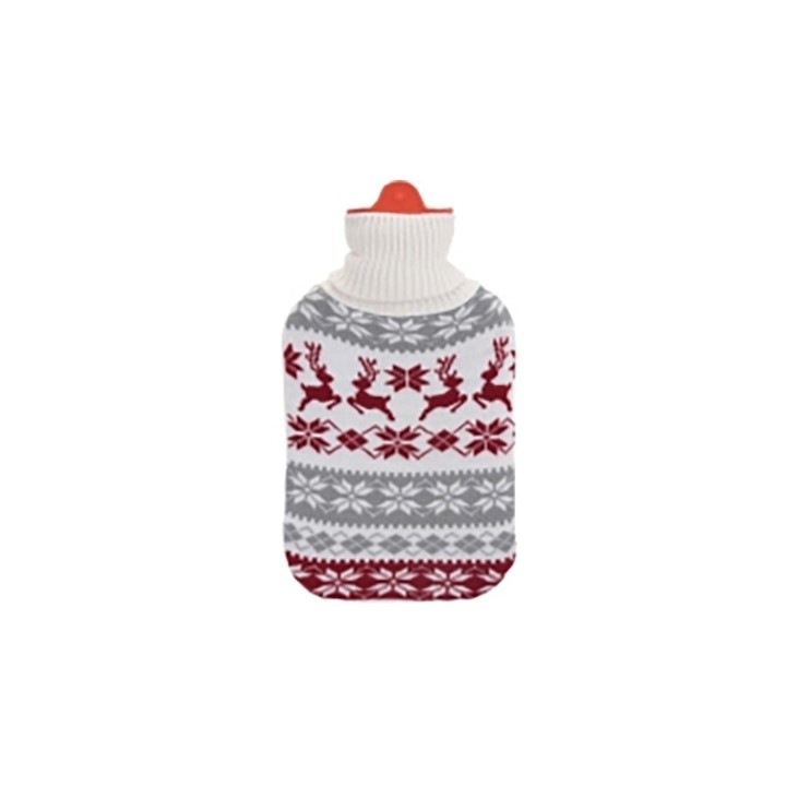 Chauffe-biberon en tricot, motifs de rennes et flocons, couleurs rouge et gris.