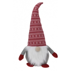 Gnome en tissu avec un grand chapeau rayé rouge et gris, barbe blanche en peluche.