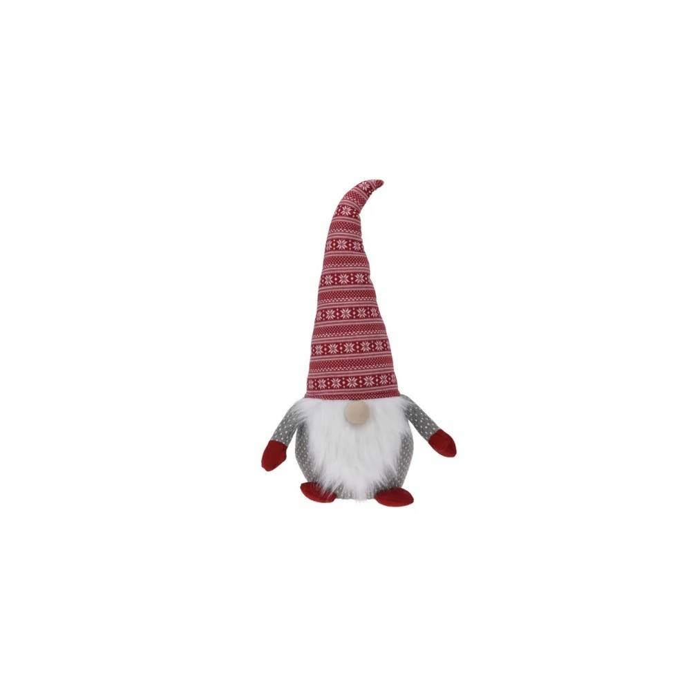 Gnome en tissu avec un grand chapeau rayé rouge et gris, barbe blanche en peluche.
