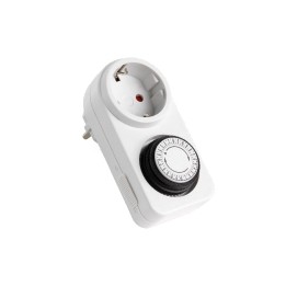 Prise blanche avec minuterie et molette noire, design simple et fonctionnel.