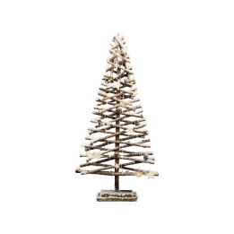 Arbre de Noël en bois, décoré de fausse neige, élégant et minimaliste.
