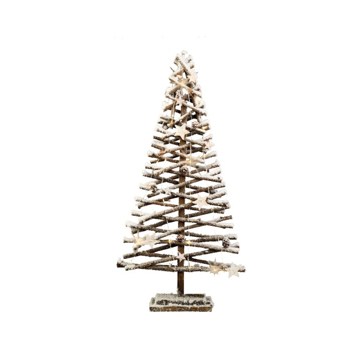 Arbre de Noël en bois, décoré de fausse neige, élégant et minimaliste.