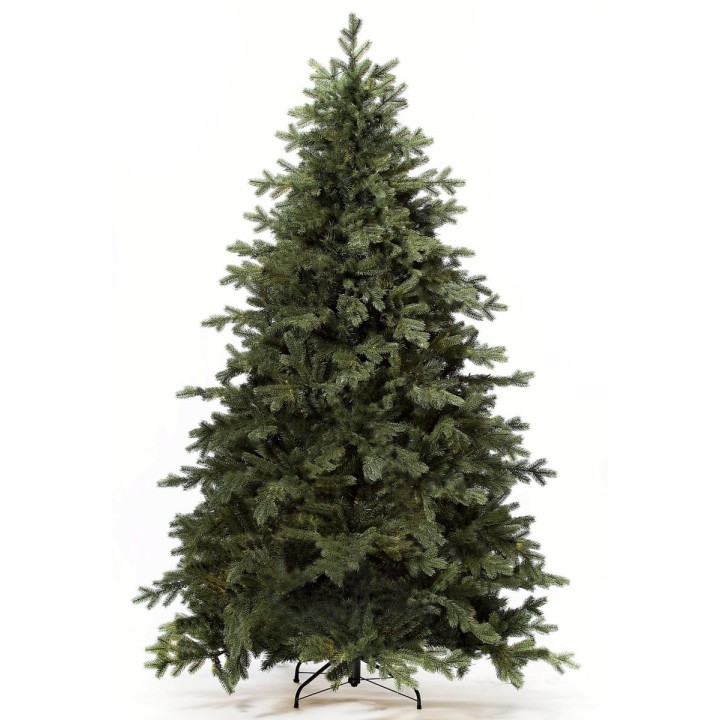 Sapin artificiel vert, dense, aux branches réalistes, monté sur un support noir.