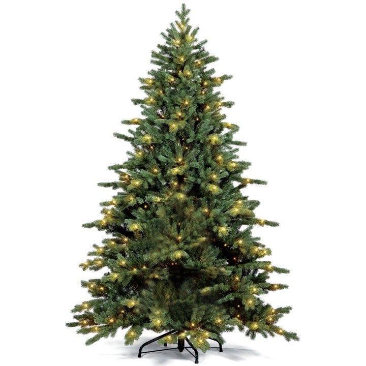 Arbre de Noël vert, parsemé de lumières scintillantes sur un support noir.