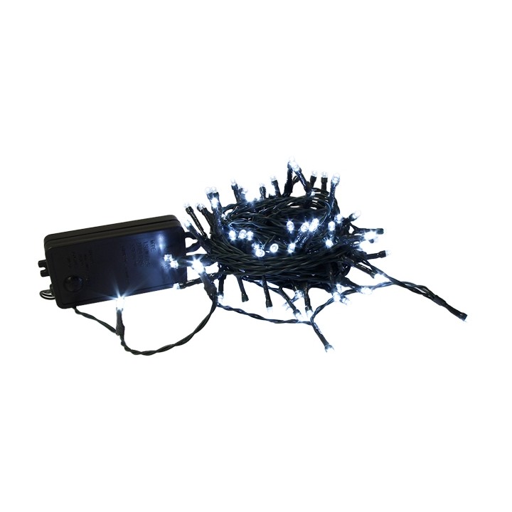 Guirlande lumineuse avec ampoules blanches sur fil noir, accompagnée d'un transformateur.