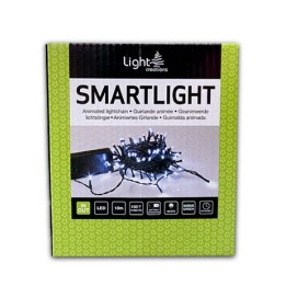 Boîte verte avec des motifs, contenant une guirlande lumineuse LED animée.
