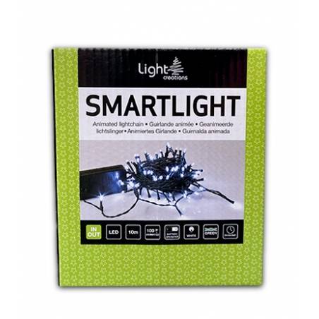 Boîte verte avec des motifs, contenant une guirlande lumineuse LED animée.
