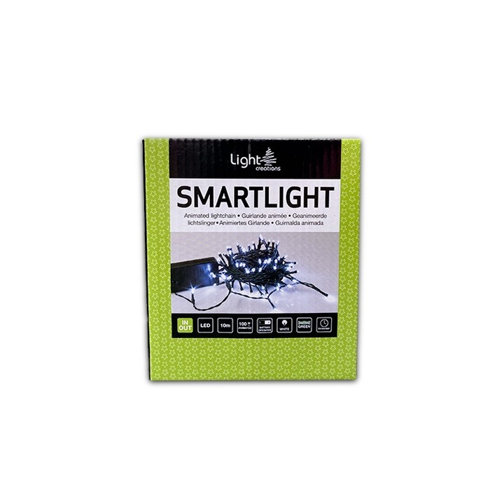 Boîte verte avec des motifs, contenant une guirlande lumineuse LED animée.